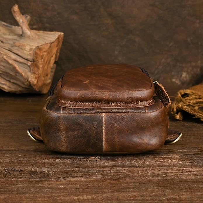 Le'aokuu Men Fashion Casual Tea Designer Travel Hiking Crossbody Chest Sling Bag Rig One Shoulder Strap Bag Men Leather 8015