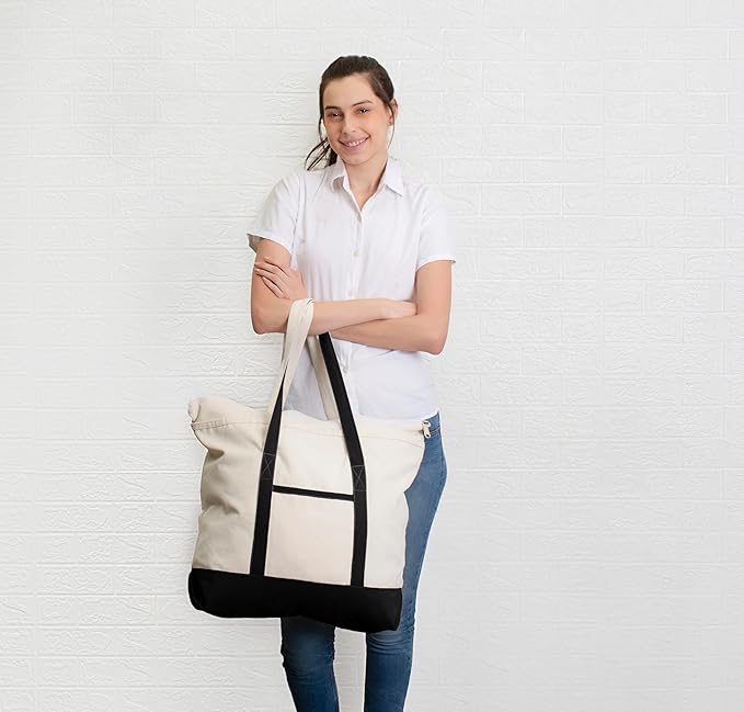 Cotton Canvas Tote Bag with an External Pocket & Top-Zipper Closure For - Gym, Beach, DIY, Work, Travel, Shopping