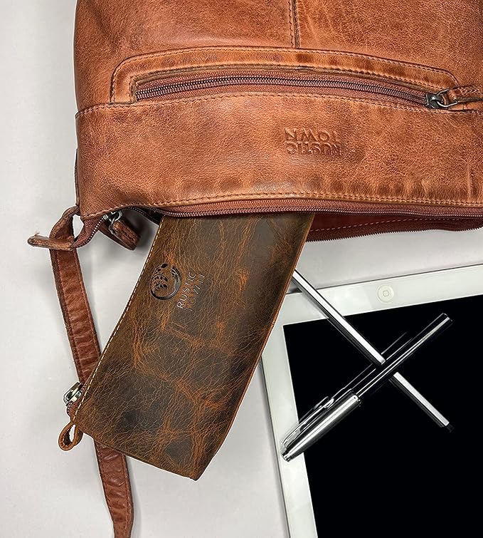 Rustic Town Leather Pencil Case - Full Grain Leather Zippered Pen Pouch - Stationery Bag Pen Holder for Work & Office