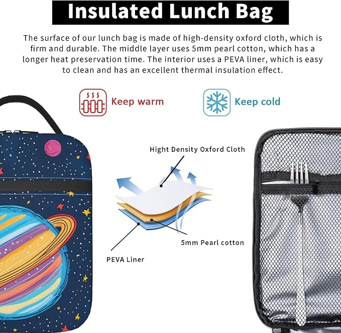 Colorful Planet Lunch Box for Kids,Women,Men,Galaxy Space Design Insulated Lunchbox,Leakproof Tote Bag,Reusable Cooler Bags for Work,Picnic,Office,Travel,Cartoon Style Lunchbag Gifts