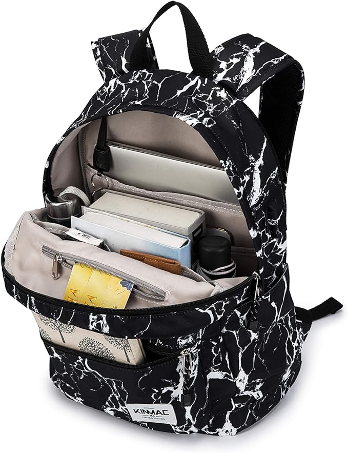 Kinmac Water Resistant Laptop Travel Outdoor Backpack with USB Charging Port for 13 inch 14 inch and 15.6 inch Laptop (Black Marble)