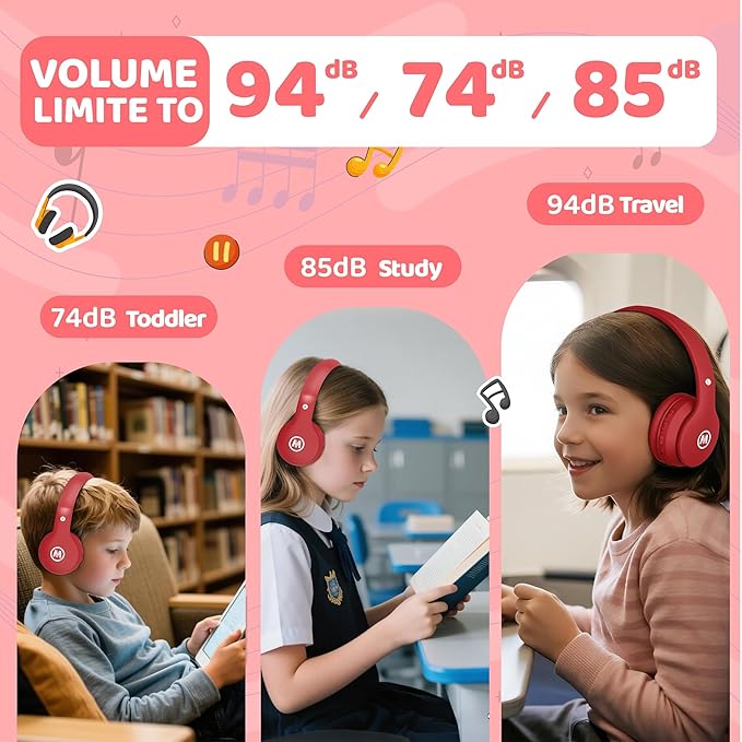 Headphones Kids Bluetooth 5.4 Wireless Play Time 68H Safe Volume Limit 85/94dB Over-Ear Foldable Headset,Fast Charging,with Aux Cord Built-in Mic for Toddler Child Pad Study Tablet Red