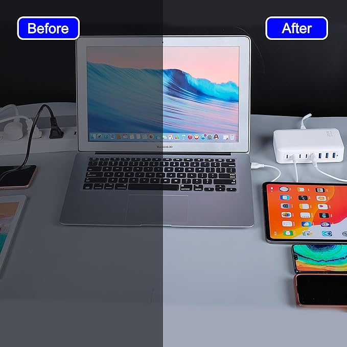 GaN 200W 8-Port USB Fast Charging Station | PD 65W Laptop & Multi-Device Adapter | Compatible with MacBook Pro/Air, iPhone 16/15/14, Galaxy S23/22 (White)