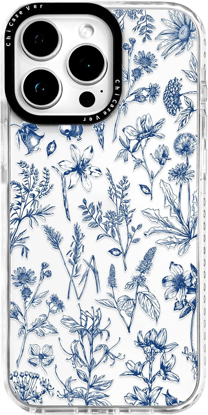 for iPhone 15 Pro Max Case, Vintage Botanical Pattern with Blue Flowers, Military-Grade Drop Protection, Cute Soft Slim TPU Protective Cover with Camera Lens Protection for Women & Girls