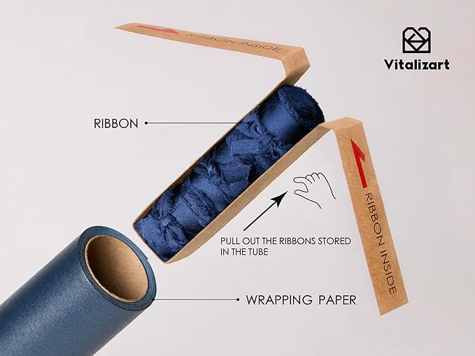 Vitalizart Blue Wrapping Paper Set 30" Pearly-Lustre With Silk Like Satin Ribbon & Gift Tags Recyclable Eco-Friendly Christmas Gift Wrapping Birthday Baby Shower Wedding Handmade Crafts 197"(16.4 Ft)