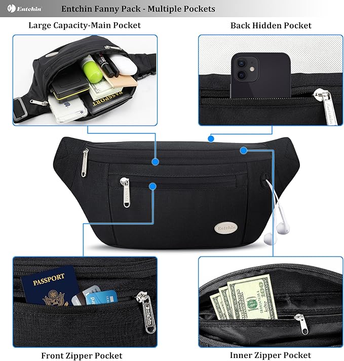 Entchin Fanny Pack for Women Men,Crossbody Belt Bag with 4-Zipper Pockets,Adjustable Waist Bag Pack,One of the Most Popular Travel Essential Gifts for Walking,Traveling,Cycling