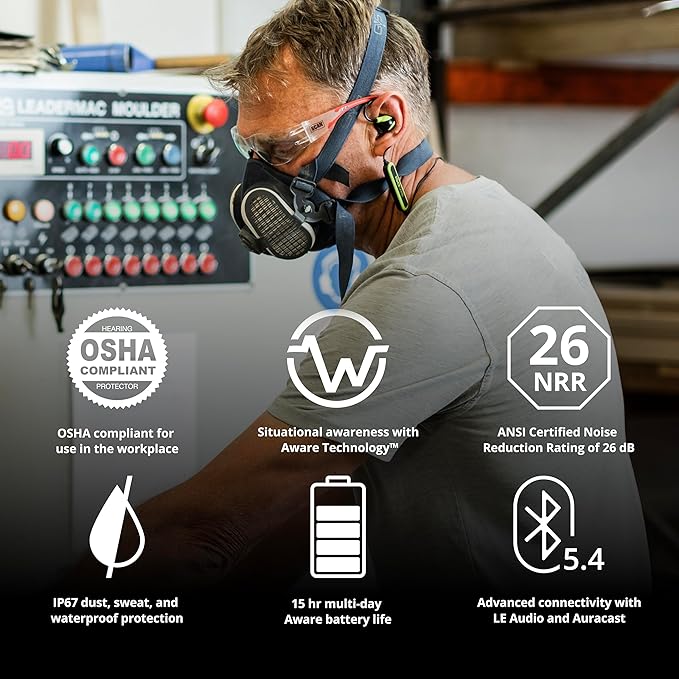 ISOtunes PRO Aware 2.0: Bluetooth Hearing Protection Earbuds with Audio Passthrough for Situational Awareness, IP67 Water and Dust Proof, 26 dB NRR Rating, 15 Hour Battery, High Fidelity Audio