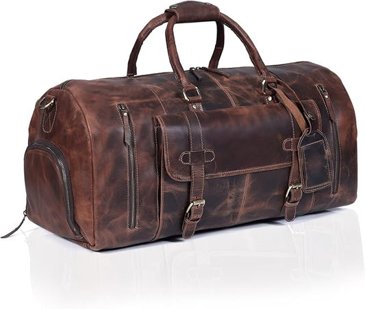 20 Inch Leather Duffel Bags for Men and Women Full Grain Leather Travel Overnight Weekend Leather Bags Sports Gym Duffel for Men