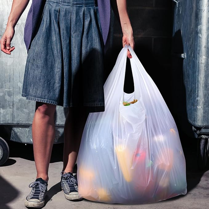 Kisston 400 Count Jumbo Size Plastic T Shirt Bags with Handles, 35 Mic, XX Large Plain Plastic T Shirt Grocery Bags, Thick and Heavy Duty (White,32" x 19")