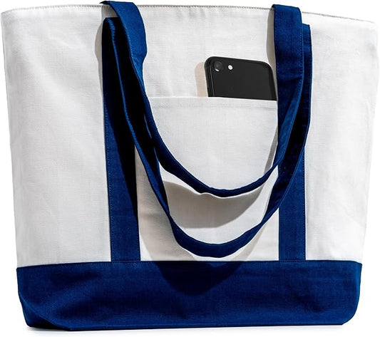 Carrywell |Not Made in China| 30 Pack Cotton Tote Bags, Reusable Grocery Shopping Bag with Zipper Closure and Front Pocket, Heavy Duty Organic Cloth w/Handles