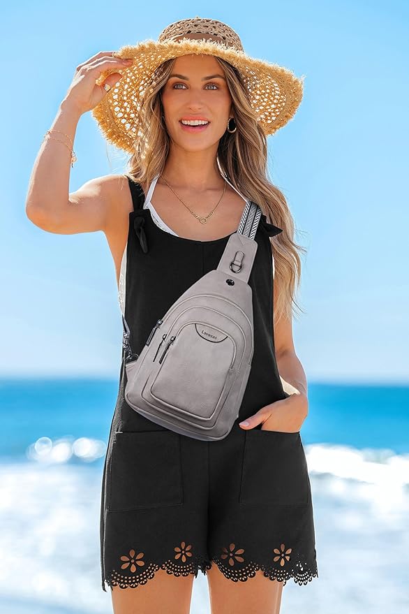 Crossbody Sling Bag for Women Men Anti Theft Cross Body Fanny Pack Belt Bag Purse Gifts for Women Faux Leather, Light Grey