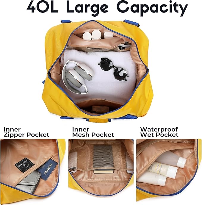 SUNNY BIRD Duffel with Utility Pouch, 40L Weekender Overnight Bag with Shoe Compartment for Travel and Sports (Yellow and blue)