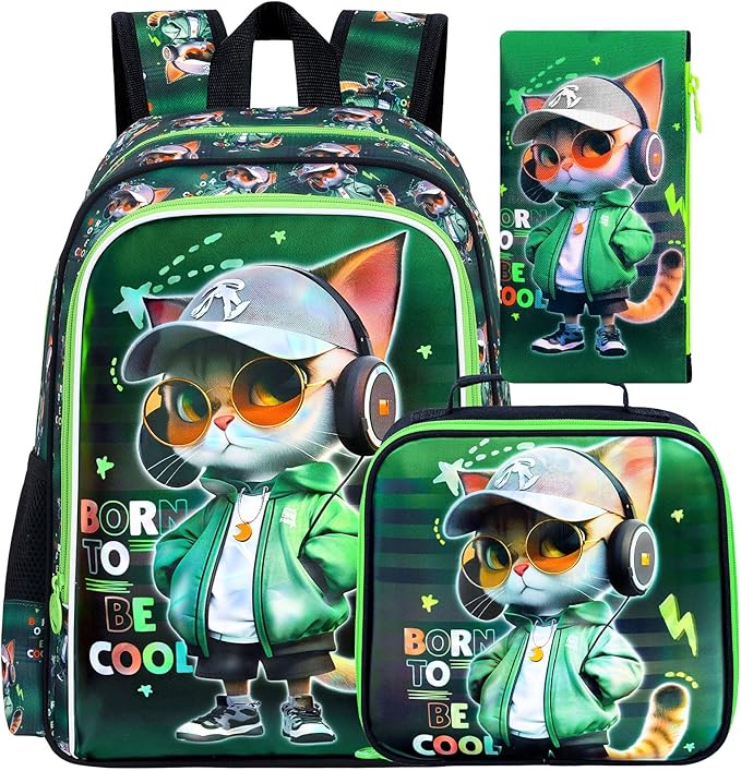 CCJPX 16" Cat Backpack for Boys, 3PCS Kids Water Resistant Preschool Bookbags, Cool Kindergarten School Backpacks and Lunch Box