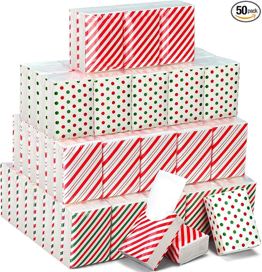 Ctosree 50 Pack Christmas Pocket Tissues Candy Cane Travel Packs Bulk 500 Sheet Small Facial Individual Tissues Pocket Packs 3 Ply Mini Travel Size for School Outdoor Camping