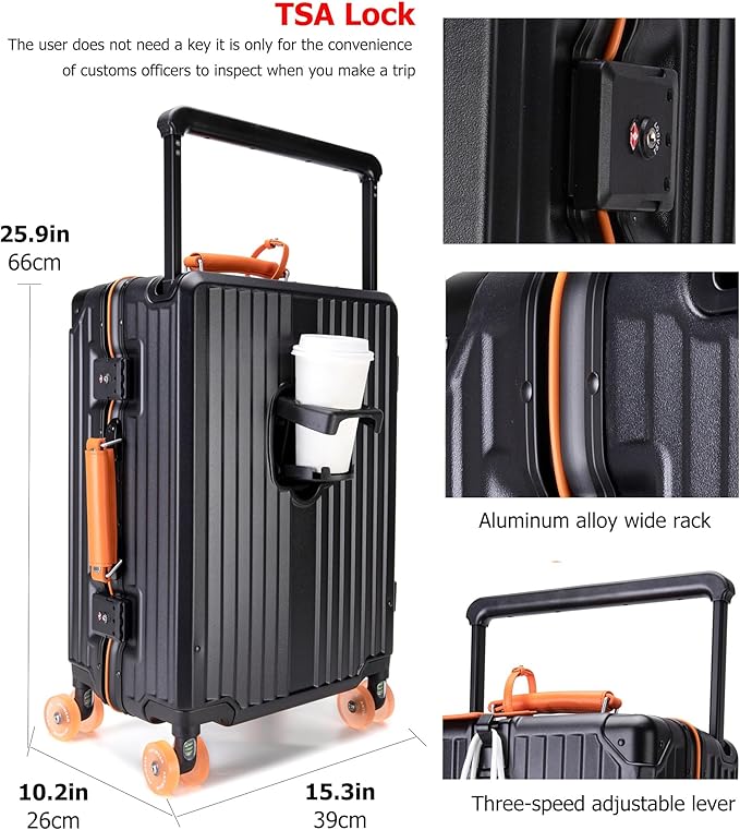 feilario 24" Aluminum Frame Wide Handle Hard Shell Carry On Suitcase - Vivid Colors Double Spinner Wheels Airline Approved Rolling Luggage with TSA Lock & Cup Holder (Black, 24in)