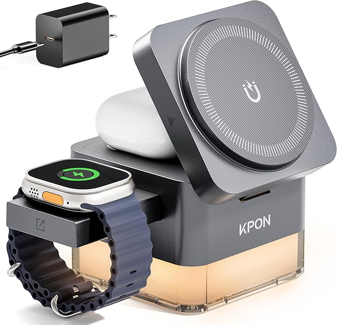 KPON for iPhone Nightstand Charging Station,15W 3 in 1 Wireless Phone Charger Stand with Night Lamp, Travel Foldable Magnetic Cube Magsafe Dock for iPhone 17 16 15 14 13 12 Series/Apple Watch/Airpods