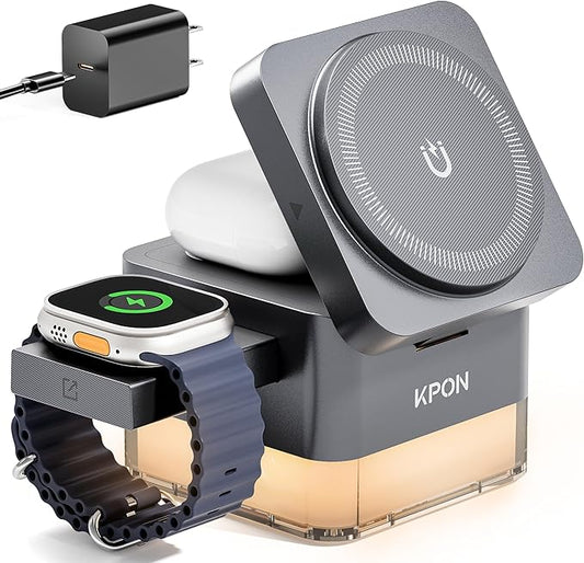 KPON for iPhone Nightstand Charging Station,15W 3 in 1 Wireless Phone Charger Stand with Night Lamp, Travel Foldable Magnetic Cube Magsafe Dock for iPhone 17 16 15 14 13 12 Series/Apple Watch/Airpods
