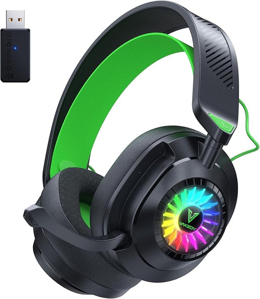 HW10 Wireless Gaming Headset for PS5,PS4,PC,2.4GHz Bluetooth Gaming Headphones with Noise Cancelling Microphone,50Hr Battery Gamer Headset for Switch, Laptop,Mobile,Mac,Cool RGB (Black/Green)
