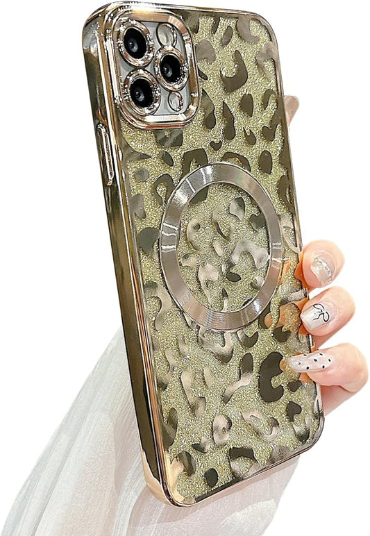 for iPhone 11 Pro Max Case Magnetic,Soft Cute Luxury Leopard Cheetah Pattern Plating Glitter Bling Phone Case Compatible with MagSafe Clear Shockproof Back Cover for Women Girl 6.5"-Gold