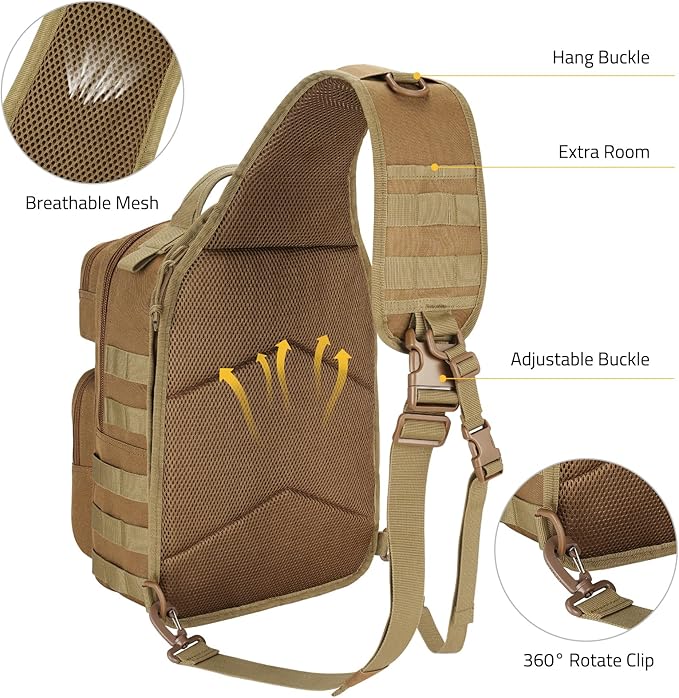 CVLIFE Tactical Sling Bag Backpack for Men Military Shoulder Sling Bag Molle Army Assault Detachable Tactical Bag with Bottle Holder Concealed Carry Daily Day Pack Work Bag for EDC Hiking, Khaki