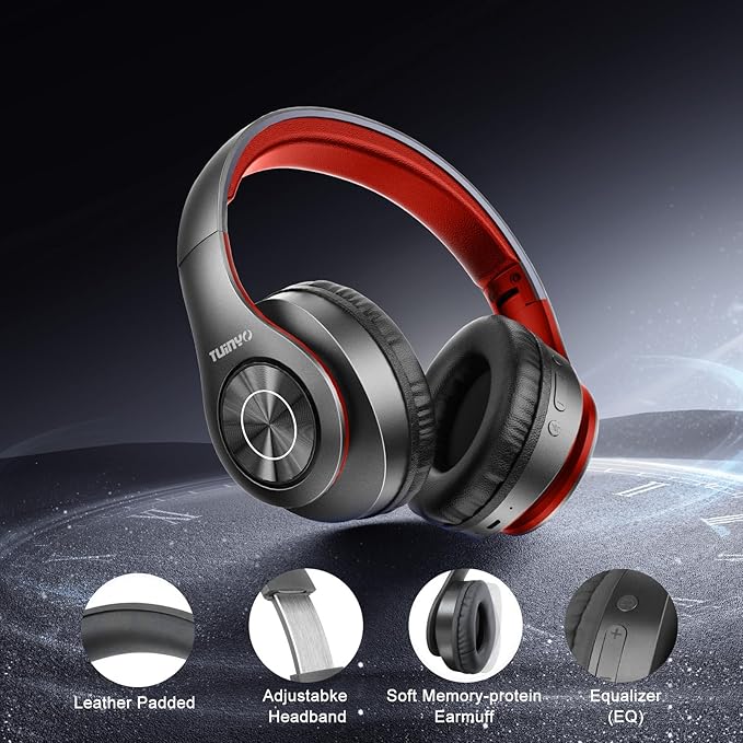 TUINYO Bluetooth Headphones, Over Ear Stereo Wireless Headset 40H Playtime with Deep Bass,Soft Memory-Protein Earmuffs,Built-in Mic Wired Mode PC/Cell Phones-Black red