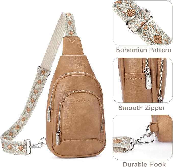 BOSTANTEN Sling Bag for Women Leather Crossbody Bag Vintage Cross Body Purse for Travel with Guitar Strap, Bohemian Style