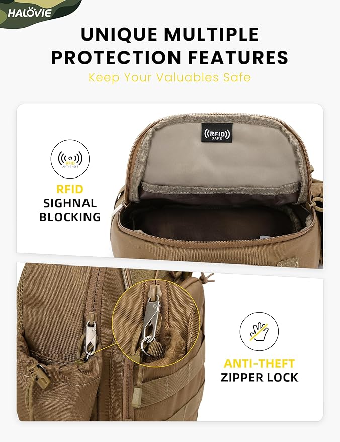 HALOVIE Anti-theft Tactical Sling Bag RFID Khaki Military Shoulder Bag with Phone Pack EDC Molle Crossbody Bag for men