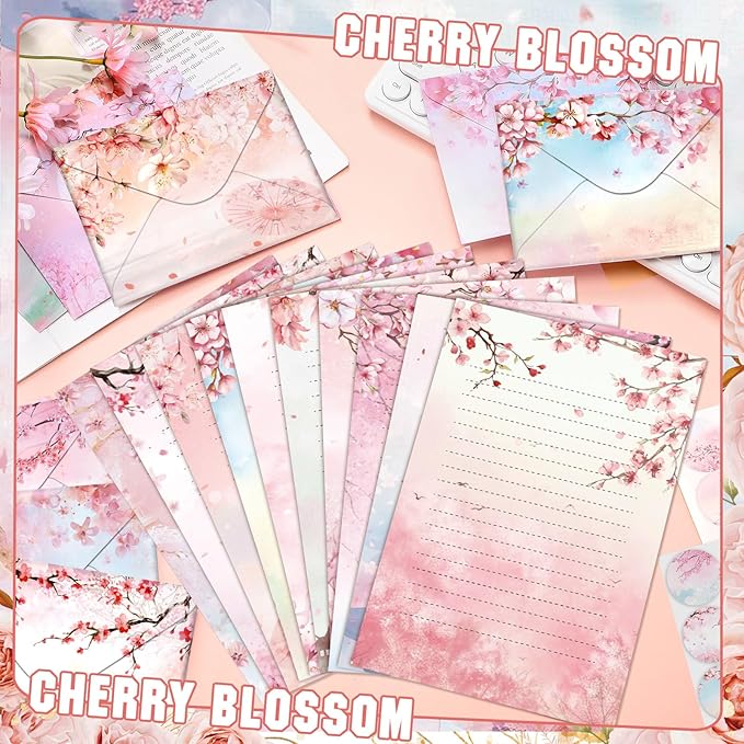 TaoBary 160 Pcs Stationery Paper Set 50 Double Sided Stationery Papers with 50 Matching Envelopes and 60 Round Dot Sticker, 10 Design(Cherry Blossom,5.5 x 8.25 Inch)