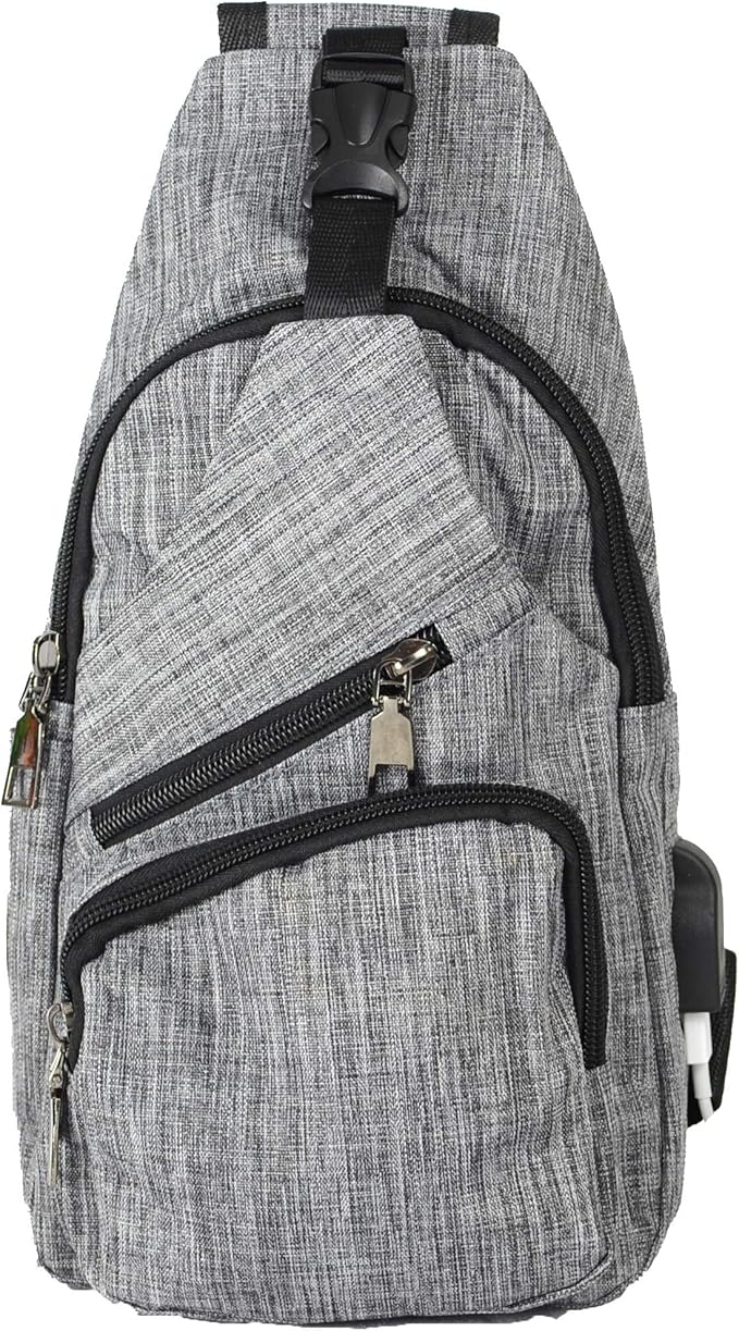 Anti-Theft Daypack Crossbody Sling Backpack, USB Charging Connector Port, Lightweight Day Pack for Travel, Hiking, Everyday, Large, Gray