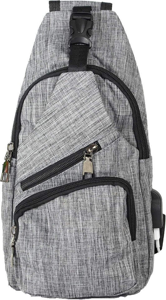Anti-Theft Daypack Crossbody Sling Backpack, USB Charging Connector Port, Lightweight Day Pack for Travel, Hiking, Everyday, Large, Gray