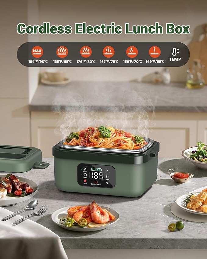 ODSD Cordless Electric Lunch Box for Adults, 16000mAh Rechargeable Self-Heating Lunch Box Food Warmer with Timer & Adjustable Heating, 34oz/1L Container with Insulated Bag for Office Car Outdoor