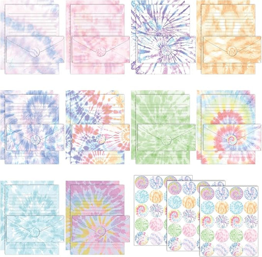 TaoBary 160 Pcs Stationery Paper Set 50 Double Sided Stationery Papers with 50 Matching Envelopes and 60 Round Dot Sticker, 10 Design(Tie Dye,8.5 x 11 Inch)