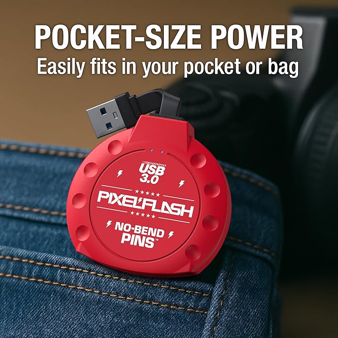 PixelFlash CF Card Reader (Red) - Compact Flash Memory Card Adapter with Cabled USB 3.0, 5GB/s File Transfer, No-Bend Pins, Supports UDMA-7, Anti-Slip & Anti-Scratch, Compatible to Most Brands & OS