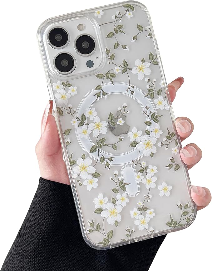 ZTOFERA for iPhone 14 Pro Magnetic Case Compatible with Magsafe,Aesthetic Floral Pattern Design Cute for Girl Women,Anti-Drop Protective Hard Phone Cover for iPhone 14 Pro-Big White Flower