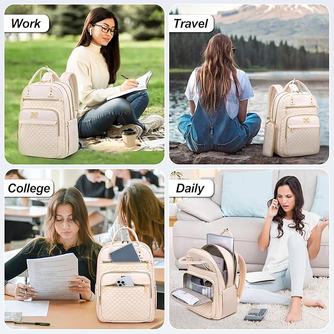 Laptop Backpack for Women,15.6 Inch Laptop Backpack for Work,Water Resistant Travel Backpack,College Bookbag with Wallet (Beige)