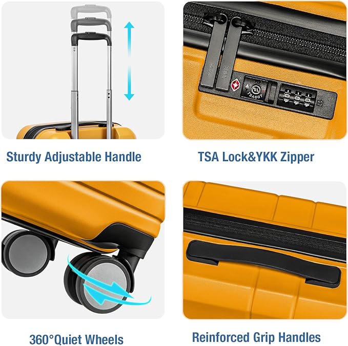 KYME Carry On Luggage 22x14x9 Airline Approved with TSA Lock Hard Shell Carry On Suitcase Lightweight Suitcases with Wheels Small Luggage for Men Women,Carry-On 20 Inch,Yellow