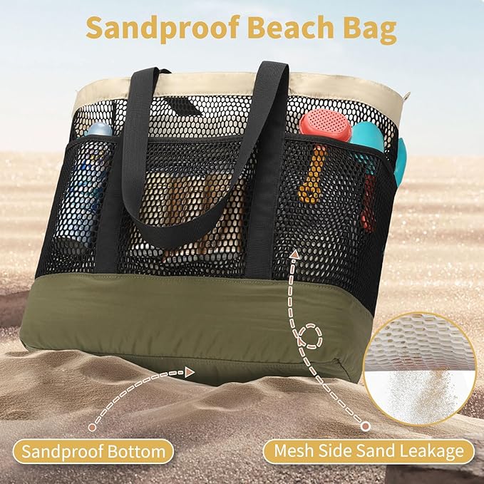 Mesh Beach Bag, Extra Large Beach Bags for Women, Lightweight Foldable Sandproof Tote Bag for Family & Vacation