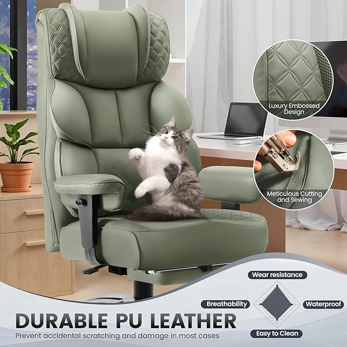 Office Desk Chair, Big and Tall Leather Gaming Chair with Footrest, Wide Ergonomic Comfy Executive High-Back Reclining Computer Chairs, Swivel Rolling Wheels and Padded Lumbar Support, Green