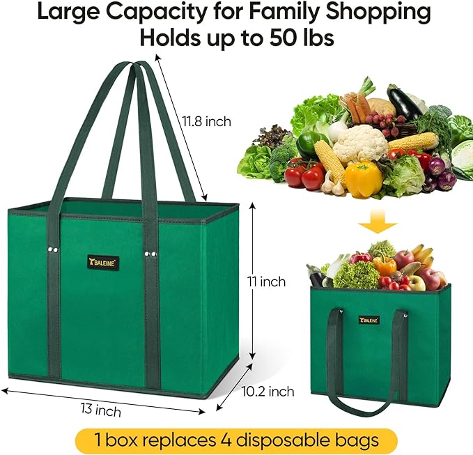 BALEINE 3Pk Reusable Grocery Bags, Foldable Shopping Bags for Groceries with Reinforced Bottom & Handles (Green)