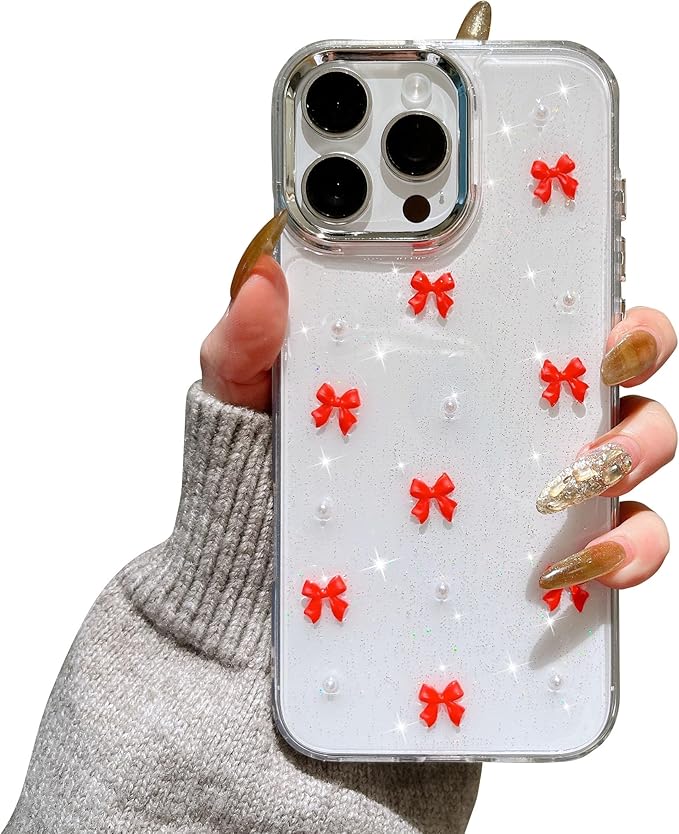EYZUTAK Case for iPhone 15 Pro Max, Bling Glitter 3D Bowknot Phone Case Cute Sparkly Crystal Clear Bow Aesthetic Design Case Slim Soft Durable TPU Transparent Protective Cover for Women Girl-Red Bow