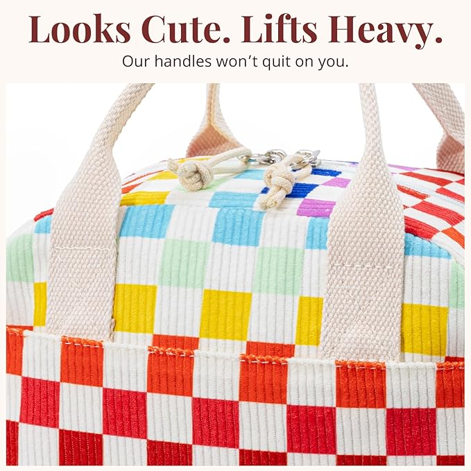 Insulated Lunch Bag for Women Men, Stylish Corduroy Tote Bag with Aluminum Lining, Large Capacity Reusable Cooler for Work, Travel, or Beach, Rainbow Plaid Lunch Box