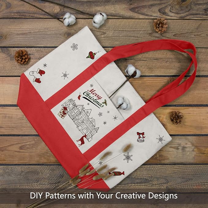 TOPDesign 6-Pack Canvas Tote Bags with an External Pocket, Reusable Grocery Shopping Bags, Top Zipper Closure, Daily Essentials (Red/Natural)