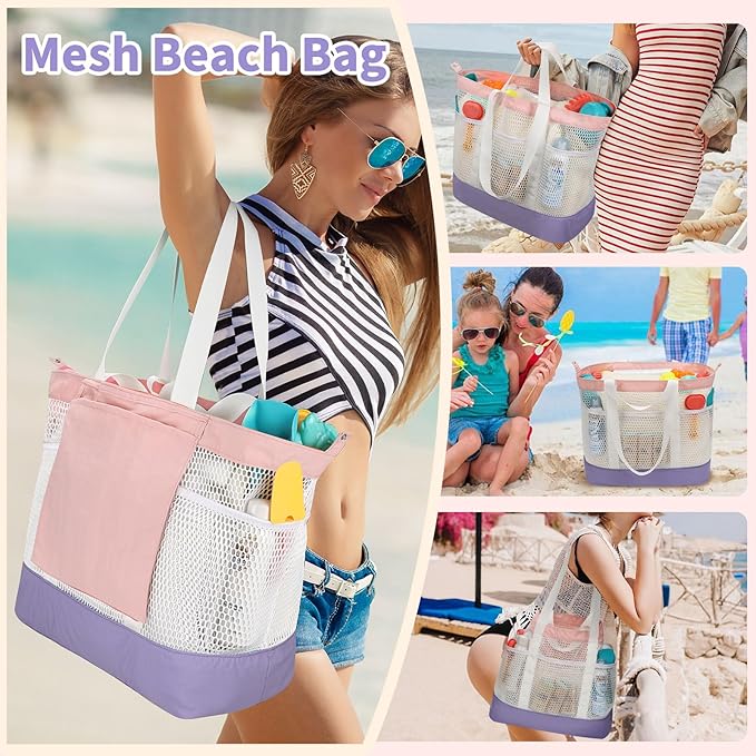 Mesh Beach Bag, Extra Large Beach Bags for Women, Lightweight Foldable Sandproof Tote Bag for Family & Vacation