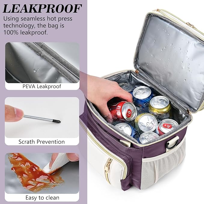 LOKASS Lunch Box for Women, 16L, Double Deck Expandable Insulated Lunch box For Adults/Women Thermal Large Waterproof Leakproof Cooler Bag with Shoulder Strap - Mauve