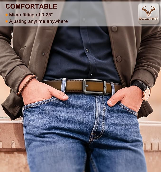BULLIANT Men Ratchet Belt 2 Pack, Click Sliding Leather Belt Adjustable for Gift Men Dress Casual Jeans 1 3/8,Cut for Fit