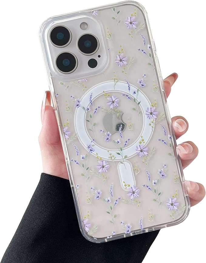ZTOFERA for iPhone 16 Pro Magnetic Case Compatible with Magsafe,Aesthetic Floral Pattern Design Cute for Girl Women,Anti-Drop Protective Hard Phone Cover for iPhone 16 Pro-Purple Flower