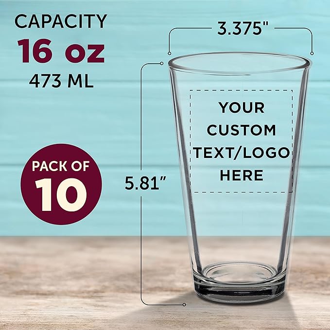 Custom Arc Pint Glass 16 oz. Set of 10, Personalized Bulk Pack - Beer Glasses, Heavy Duty Drinkware - Clear