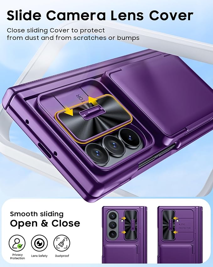 CENMASO for Samsung Galaxy Z Fold 7 Case with Card Holder [RFID Blocking] Camera Cover, Hinge Protection, Hidden Kickstand, Screen Protector, Slim Shockproof Phone Case for Galaxy Z Fold 7-Purple