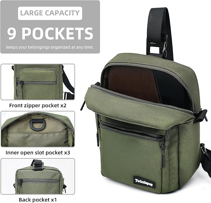 Waterproof Sling Bag For Men, Small Nylon Crossbody Sling Backpack With Multi Pockets, Adjustable Chest Bag For Travel, Hiking, Workout - Green