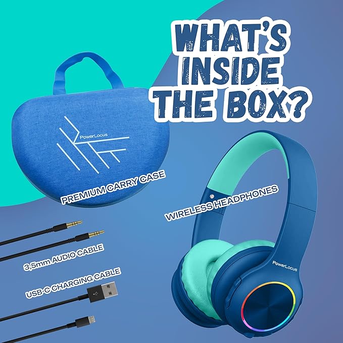 PowerLocus PLED Kids Bluetooth Headphones, Kids Wireless Headphones with LED Lights, 74/85/94dB Safe Volume, Micro SD, AUX Cable, Hi-Fi Stereo, Built-in Mic Over Ear Kid Headphone for Travel/Tablet/PC